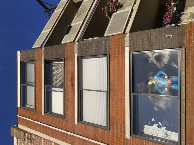 There is a building which has windows, window blinds, curtains and a batman toy. There are flower...