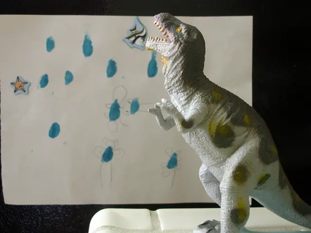 This image consists of a dinosaur. It is a statue. There is a chart in the middle.